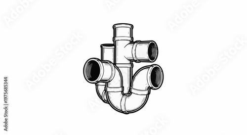 Detailed black and white illustration of plumbing pipes, fittings, and traps