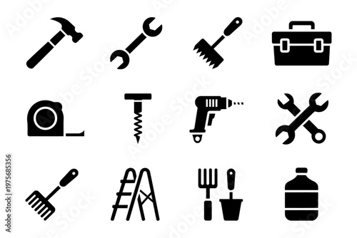 Collection of vector icons representing various tools and equipment for construction and gardening