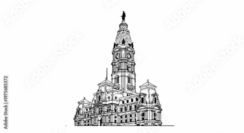 Detailed black and white ink sketch of a grand, ornate historic civic building