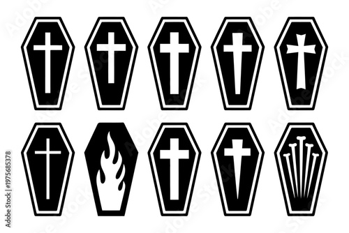 Vector of a variety of coffins with crosses and flames