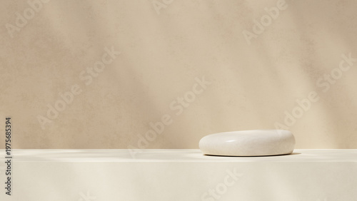 Clean beige product platform with soft lighting. Minimal studio setup for cosmetic mockup and product presentation. 3D render.