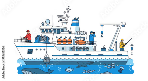 Fishing boat, commercial fishing vessel, ocean fishing ship, nautical vector