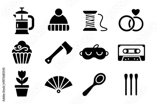 Collection of vector icons representing everyday objects and activities in a minimalist style