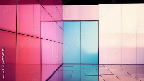 Abstract architecture creating a colorful geometric visual, reflecting light on a tiled floor, featuring contemporary design and vibrant gradients of pink, blue, and purple