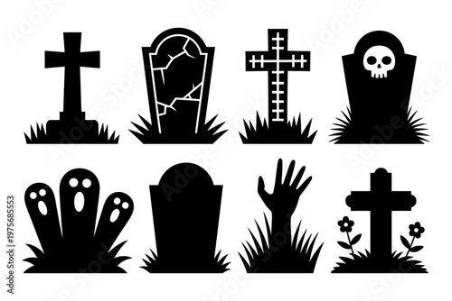 Vector of dark tombstones with ghosts and zombie hands emerging from graves