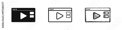 Video Player Window Icons Set - Solid, Outline, and Hand-Drawn Styles