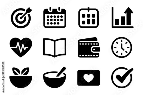 Set of vector icons representing health, finance, and planning elements