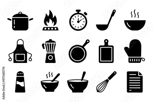 Vector of various kitchen and cooking-related icons in a minimalist style.