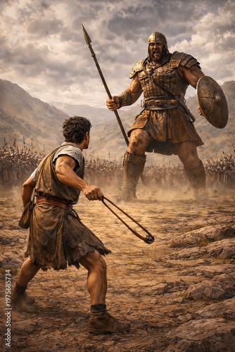 Young David with a sling confronts the giant Goliath in full armor on the battlefield — an epic biblical scene of duel, courage and victory of the weak over the strong