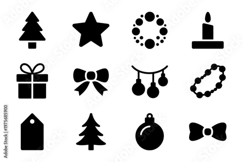 Collection of holiday-themed vector icons including a christmas tree, star, wreath, and bow ties