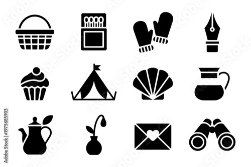 Vector of various icons including a basket, oven, mittens, and binoculars