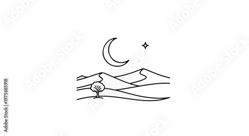 Crescent moon, star over desert dunes with a lone tree under black lines