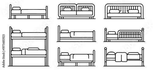 Collection of various bed designs is illustrated in vector format including bunk beds and canopy beds