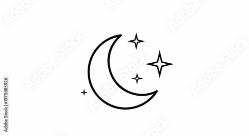 Crescent moon with sparkling stars on a white background, minimalist