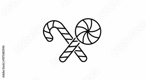 Crossed candy canes and swirl lollipop, simple line art