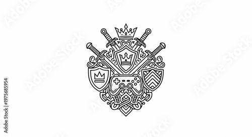 Crest with swords, controller, and crowns; gaming-themed heraldry