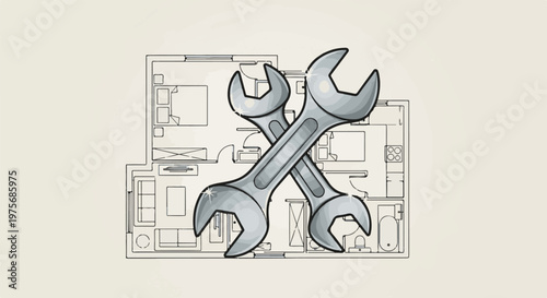 Crossed wrenches placed over a blueprint of a home's floor plan