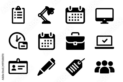 Set of vector icons depicting office supplies and business-related items in