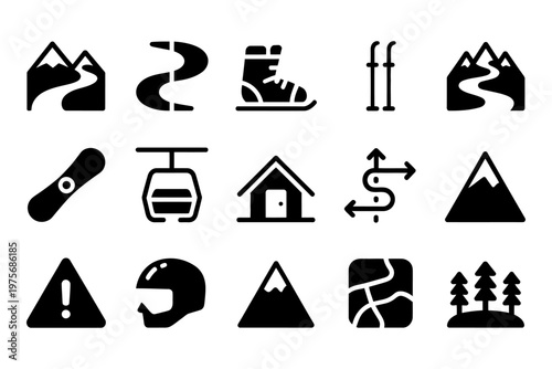Vector collection of winter sports and mountain activities themed icons for skiing and snowboarding
