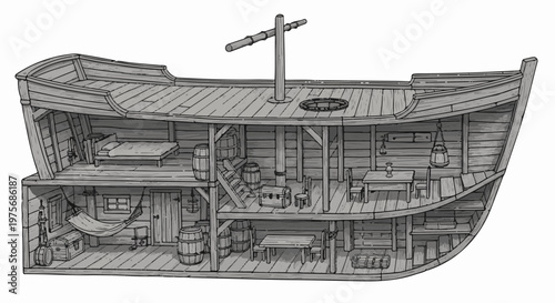 Cutaway view of a vintage ship's interior with multiple levels and furnishings