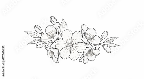 Delicate sketch of blooming flowers with leaves and buds