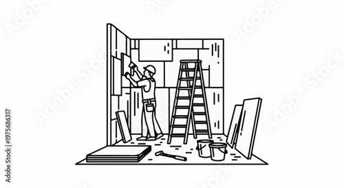 Construction worker installing wall panels using a ladder and tools