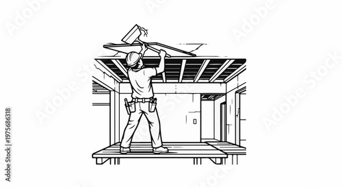 Construction worker demolishes ceiling with hammer, debris falling