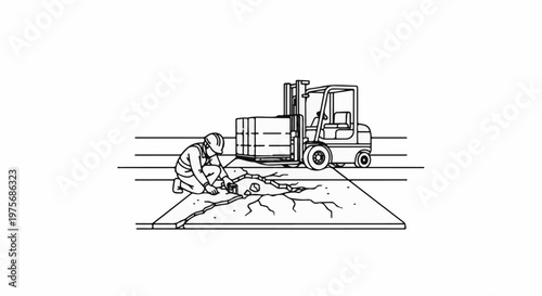 Construction worker inspects cracked ground near forklift