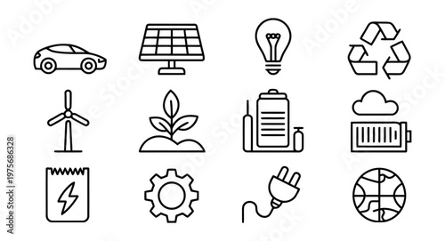 Vector graphic displays various energy and environmental sustainability icons in a clean design