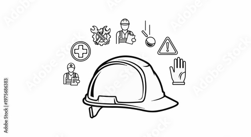 Construction safety icons surround a hard hat first aid, tools, worker, falling object, warning, glove