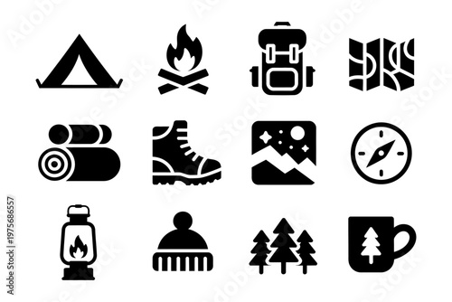 Vector icons representing camping gear and outdoor activities arranged in a neat grid