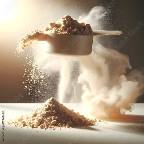 A spoon pouring powder on table with cloud of dust