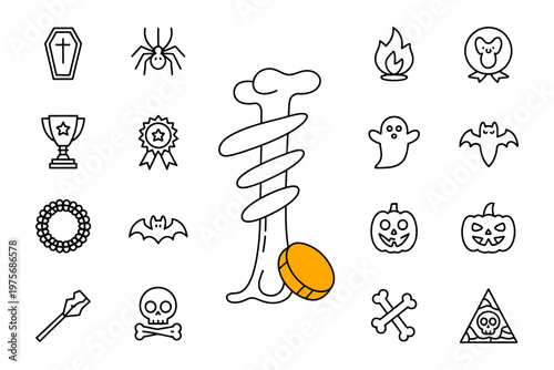 Vector of halloween-themed icons such as ghosts, pumpkins, and spiders in a clean layout