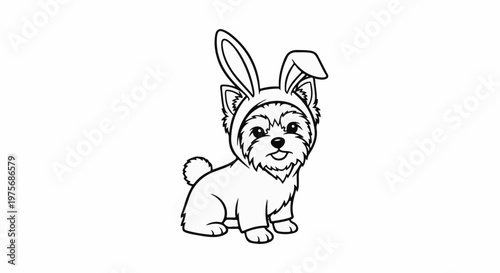 Cute dog in bunny ears costume, black and white illustration