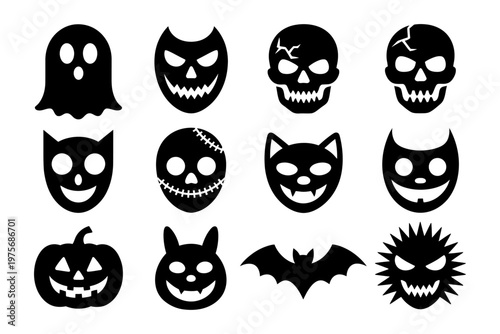 Vector of various halloween-themed icons including skulls and faces in black