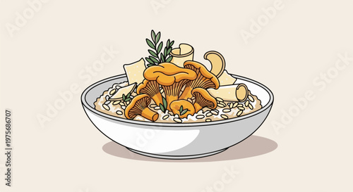 Delicious chanterelle mushroom risotto in a white bowl with herbs and cheese