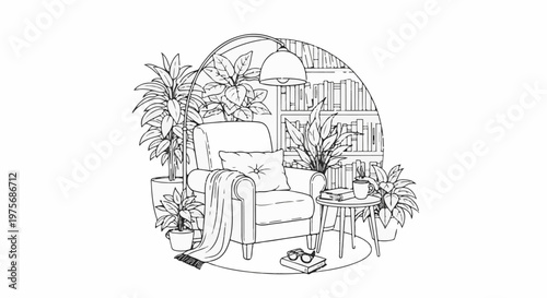 Cozy armchair with plants, books, lamp, and coffee by a bookshelf