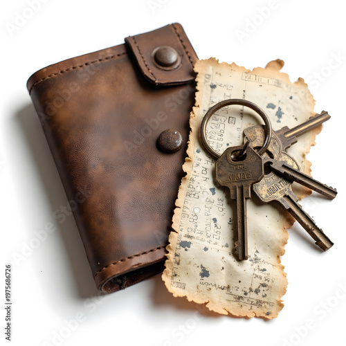 Abandoned wallet keys and torn ID paper isolated on white background.