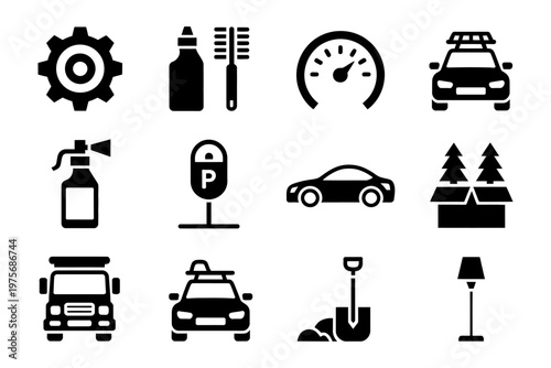 Vector graphic illustration of various car and automotive related icons in black