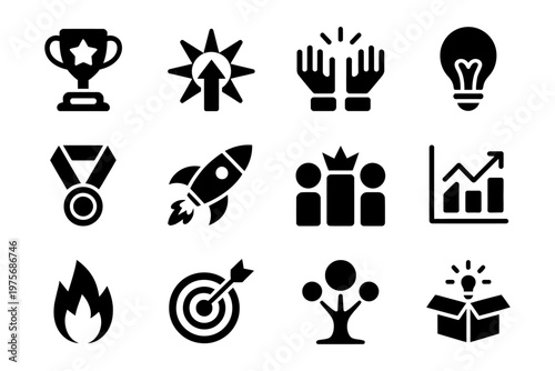 Vector graphic illustration of various business and achievement icons arranged in a grid pattern