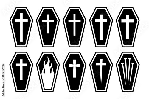 Halloween coffin icon set with cross flame spooky gothic death symbols vector illustration design