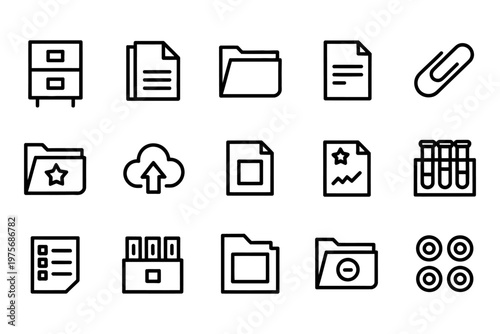Document and file management icon set with folder paper clip storage vector interface symbols design