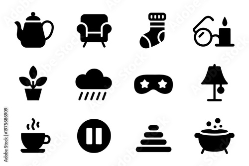 Cozy home lifestyle icon set with tea chair candle coffee cup relaxation comfort symbols vector design