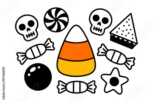 Halloween candy collection vector illustration with skulls sweets lollipop candy corn and spooky festive elements design