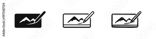 Image editing icon set with three styles: solid, outline, and hand-drawn doodle, representing photo modification or graphic design.
