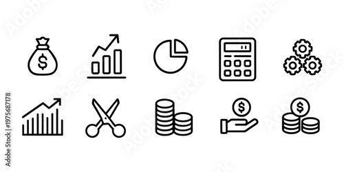Collection of financial and business including money bag graph calculator and coins
