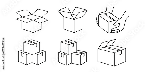 Collection of six line of cardboard boxes in various states and arrangements package shipping delivery
