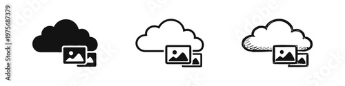 Cloud storage for images icon set in three styles: solid, outline, and hand-drawn doodle, representing online photo backup.
