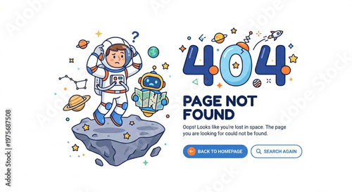 404 Page Not Found Error with Cute Astronaut and Robot in Space Illustration
