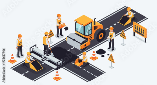 Road Construction Isometric Illustration - Workers Paving and Rolling Asphalt for New Highway Project
